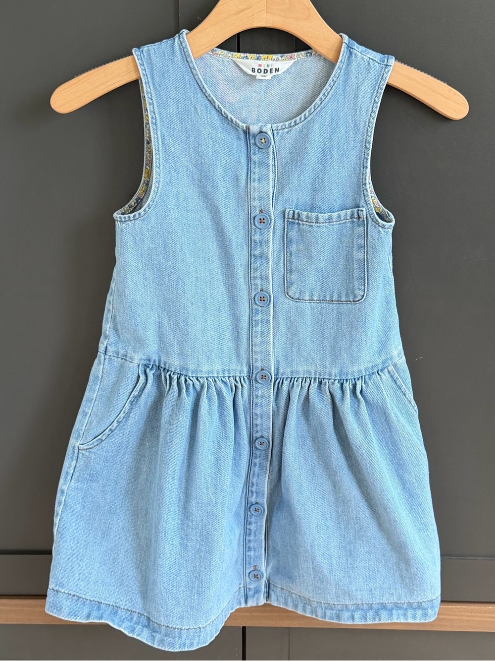 Mini Boden Light Blue Denim Button-Front Dress w/ optional floral hem | 7-8Y